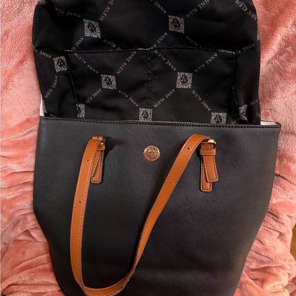 Anne Klein Black Tote with Tan Straps and Gold Logo - Picture 2 of 8